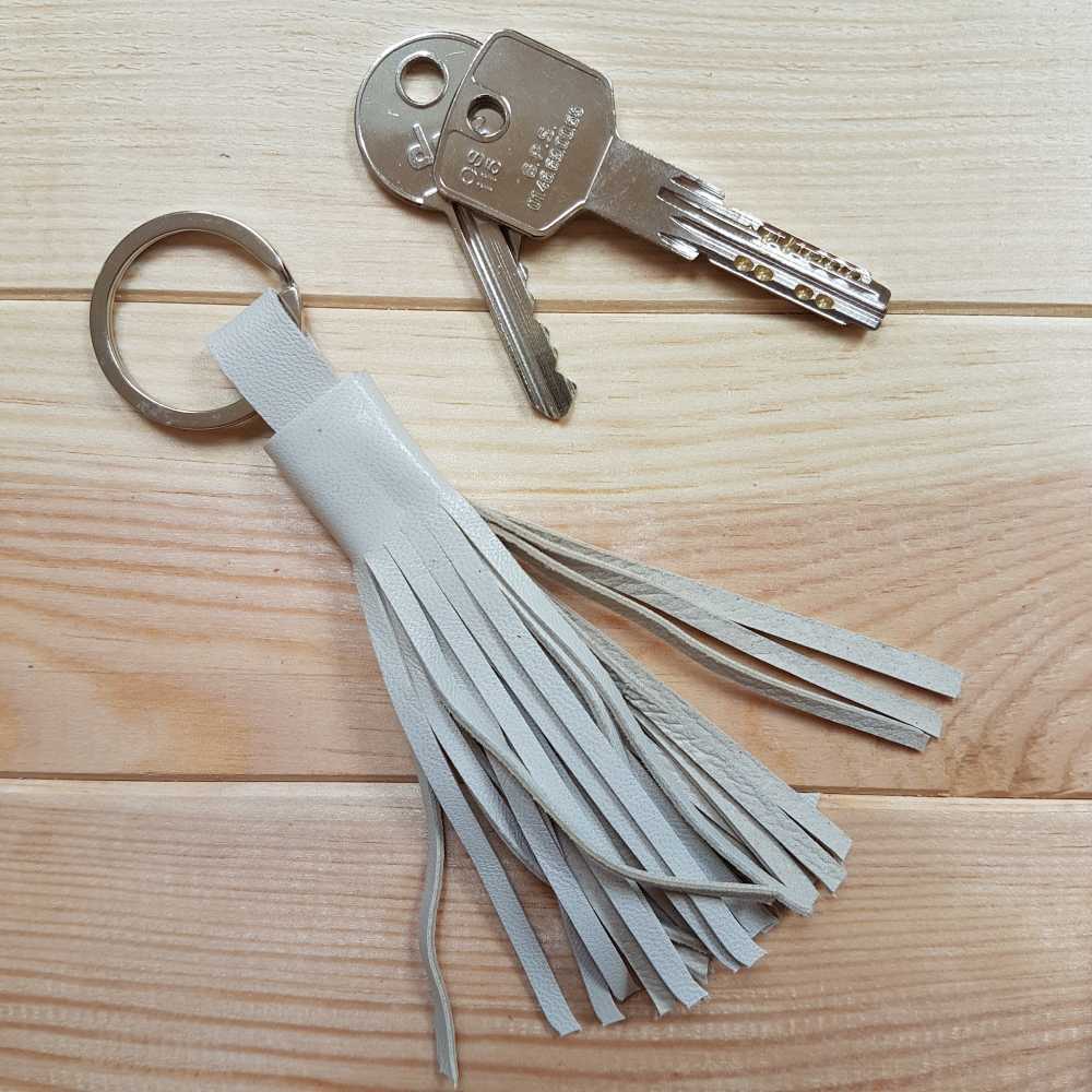 Porte-clés Double Pompon Cuir Beige Et Marron 14 Cm, Bijou De Sac Grigri, PATRULLERO, Neuf