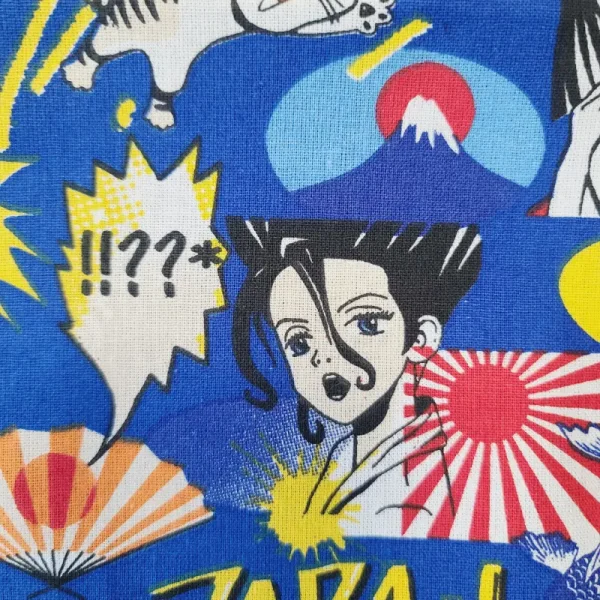 Détail du tissu : drapeau japonais, fuji yama, personnages de manga